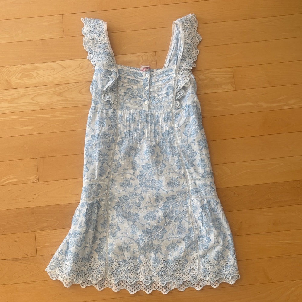 Floral Lace Trim Night Dress - Blue and White